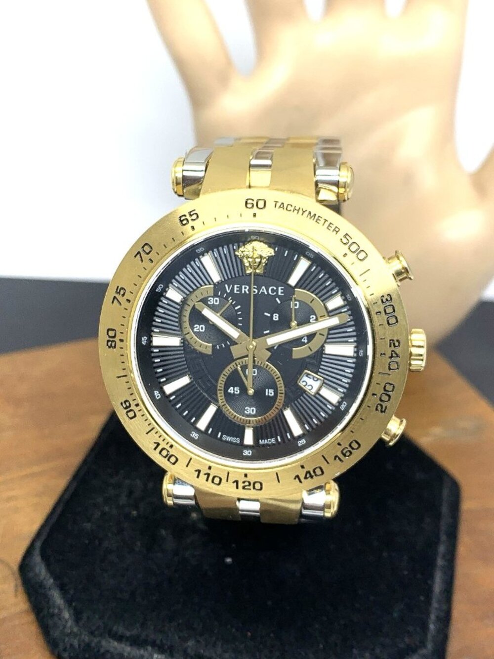 Versace Men's Watch VEJB00622 Swiss Quartz Chronograph Black Dial Two Tone Steel